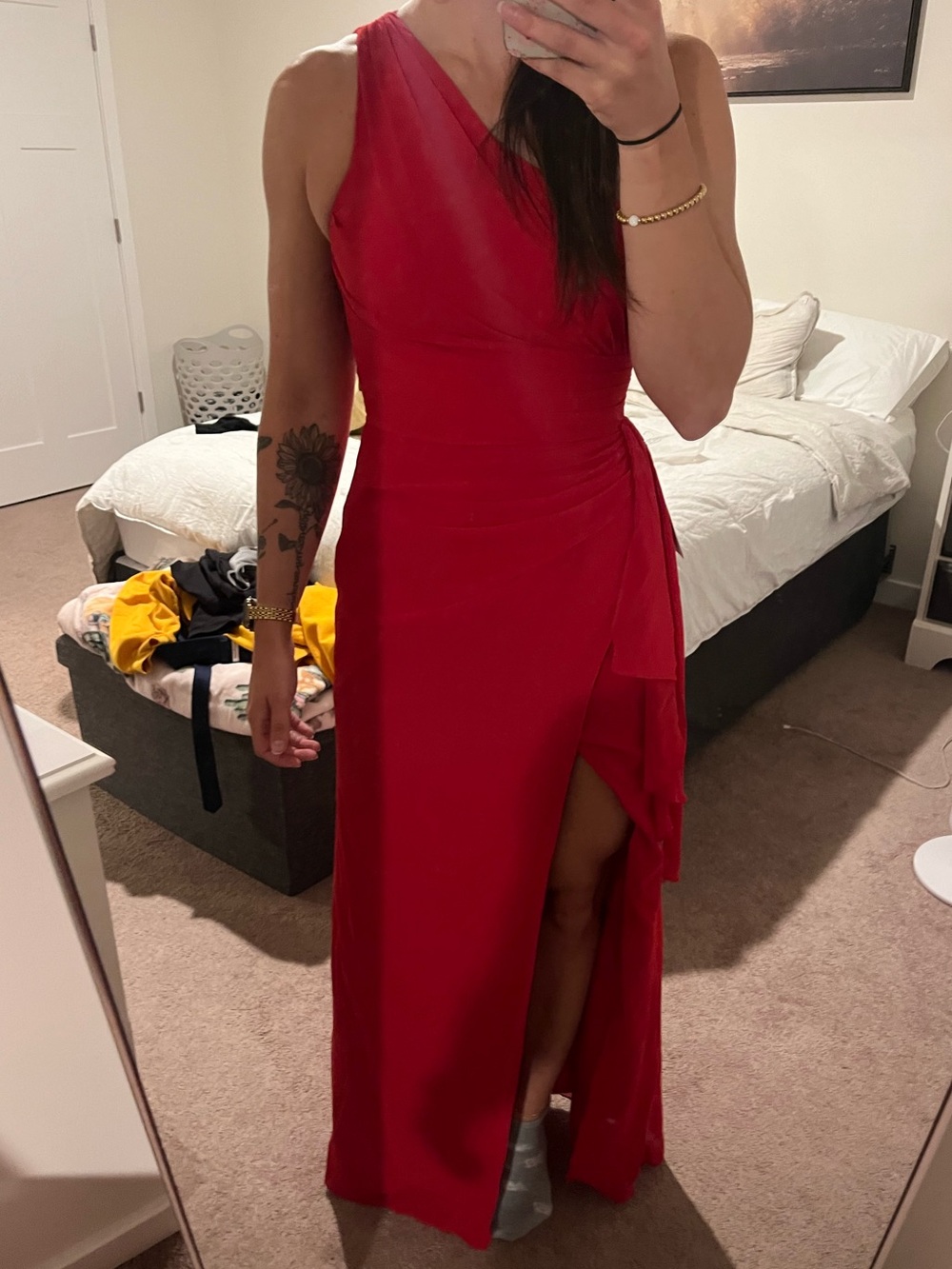 Azazie Red One-Shoulder Formal Gown with Side Drape